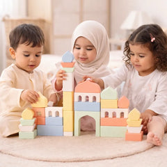 Pastelkleurige houten bouwblokken in moskee-vorm, islamitisch speelgoed 3+
