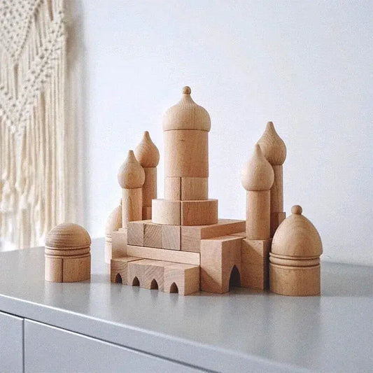 Lichte houten moskee bouwset met afgeronde koepels en bogen ramen als speelgoed kasteel