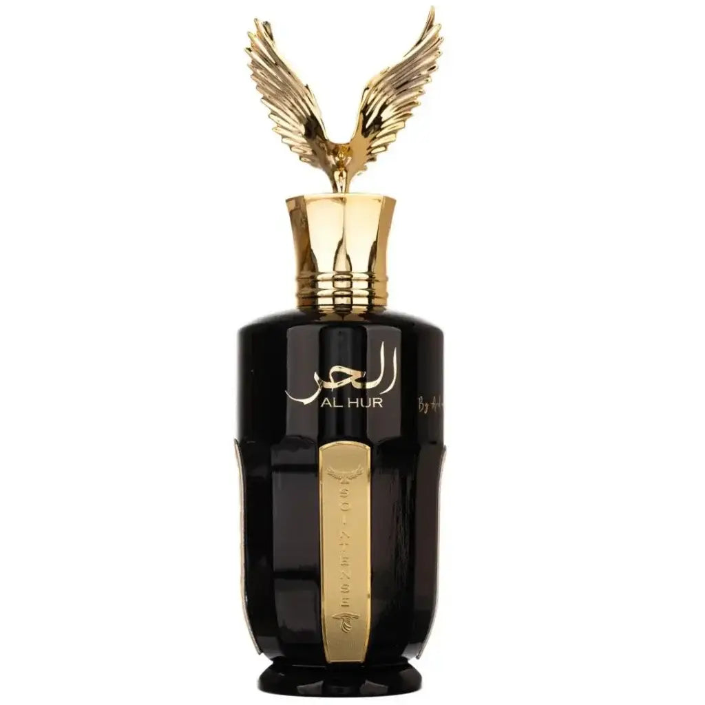 Zwarte glazen parfumfles al hur so intense met gouden accenten en gouden arendvormige dop met arabische tekst