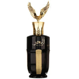 Zwarte glazen parfumfles al hur so intense met gouden accenten en gouden arendvormige dop met arabische tekst