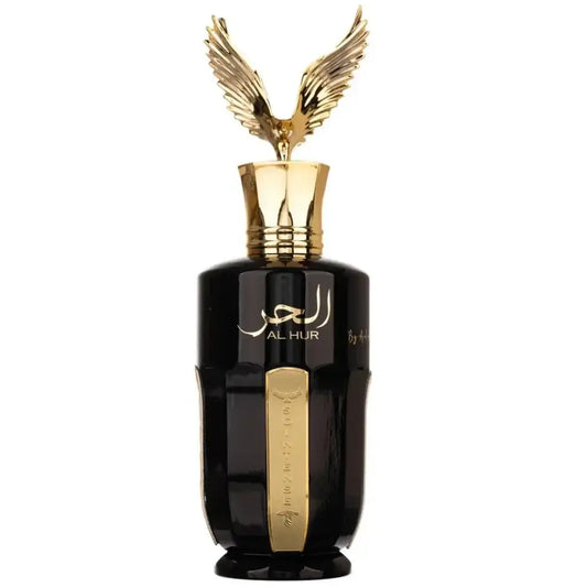 Zwarte glazen parfumfles al hur so intense met gouden accenten en gouden arendvormige dop met arabische tekst