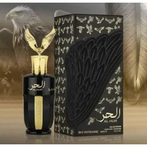 Zwart parfumflesje met gouden accenten en arendvormige gouden dop met al hur branding al hur so intense