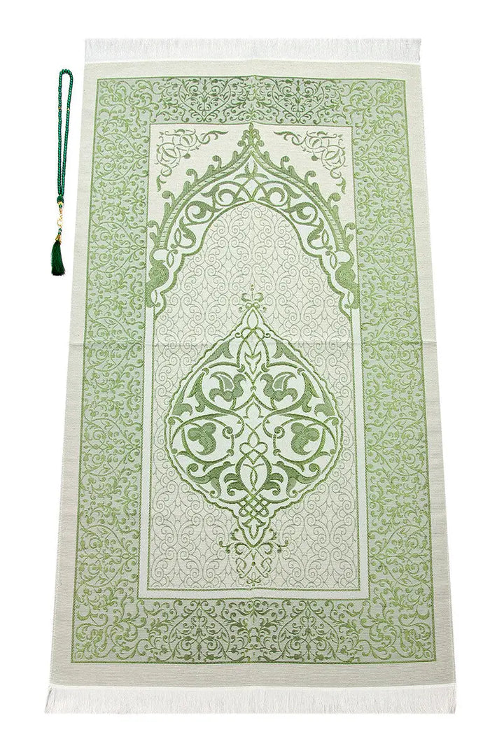 Luxe Kaaba cadeauset met groen/witte gebedskleed, tasbih, koran arabisch, parfum en dadels - Islamboekhandel.nl