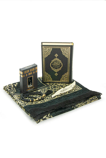 Luxe zwarte cadeauset gebedskleed, tasbih, koran arabisch/engels en parfum - Islamboekhandel.nl