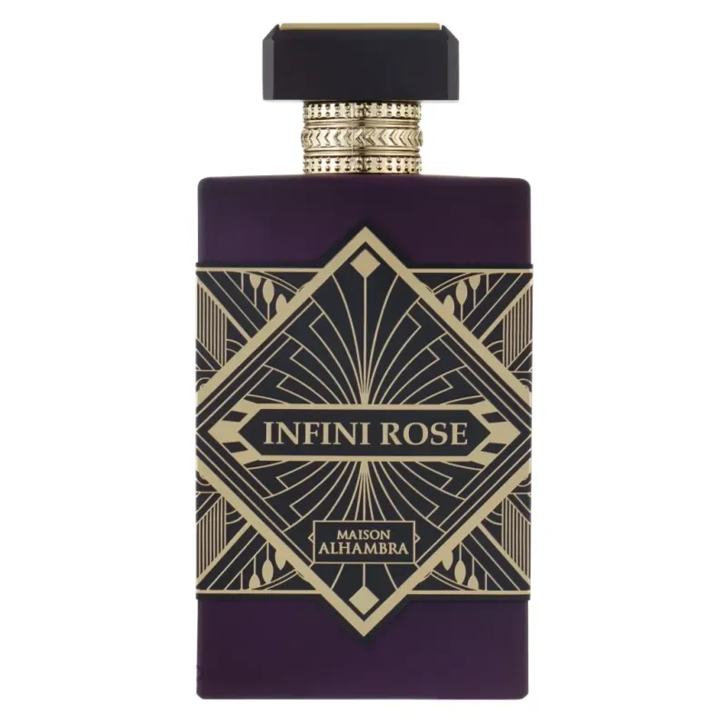 Paarse parfumfles met gouden art deco patronen en Infini Rose branding voor originele eau