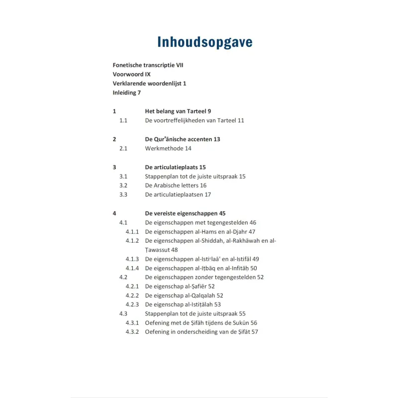 Tabel van inhoud van Inleiding tot Tajwid volgens Hafs voor stap-voor-stap opbouw leren reciteren