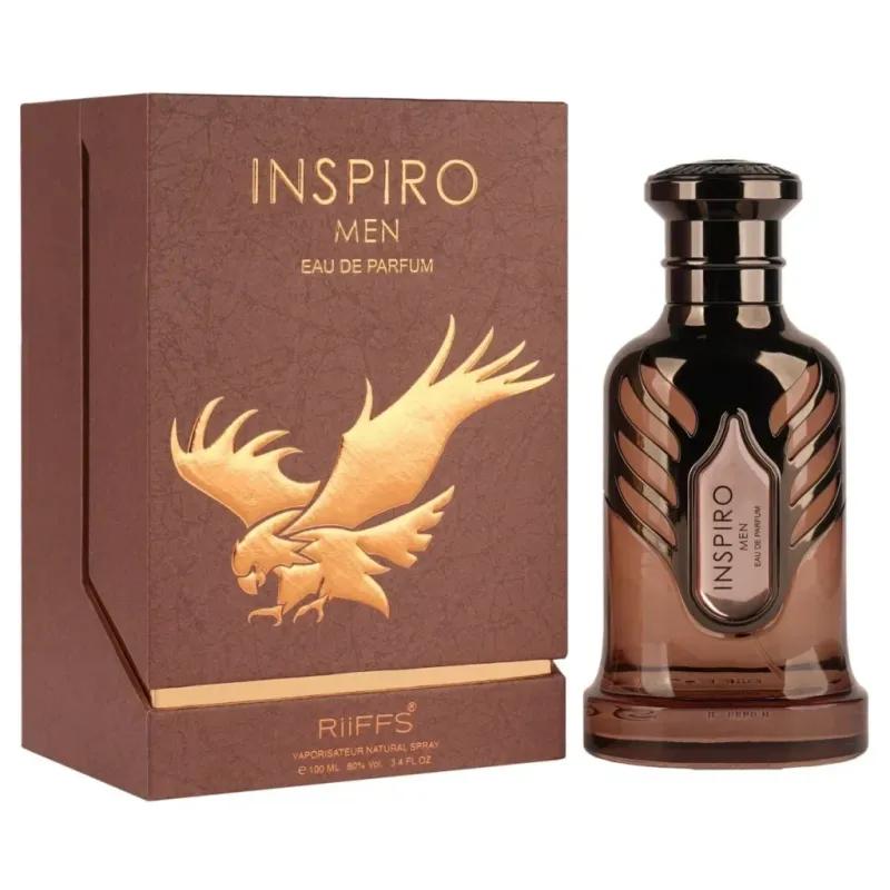 Inspiro Men By Riiffs parfum in bruin flesje met adelaarembleem en matching doos