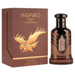 Inspiro Men By Riiffs parfum in bruin flesje met adelaarembleem en matching doos