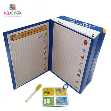 Blauw interactief magnetisch letter- en cijferboek met gelinieerde pagina’s, kleurrijke dierenillustraties, gele stift en flashcards