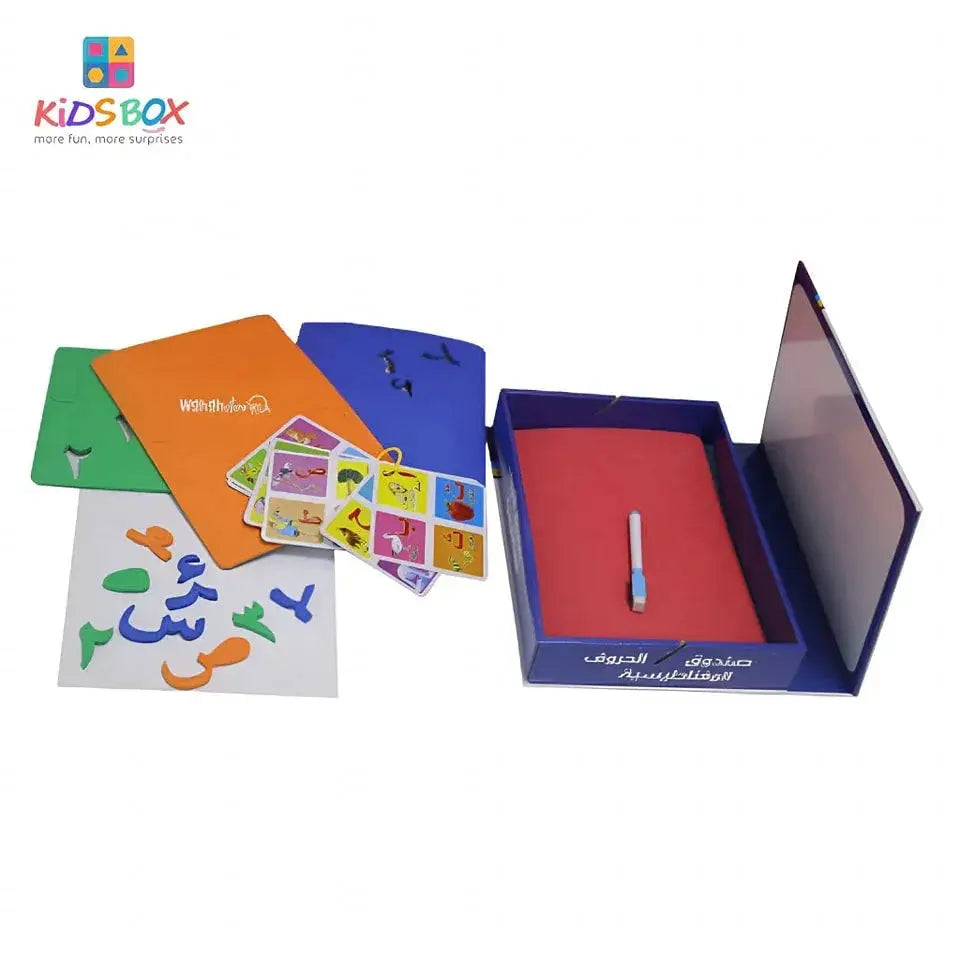 Blauwe kidsbox interactieve magnetische letter- en cijferbox met kleurrijke arabische letteruitstansingen en kaarten