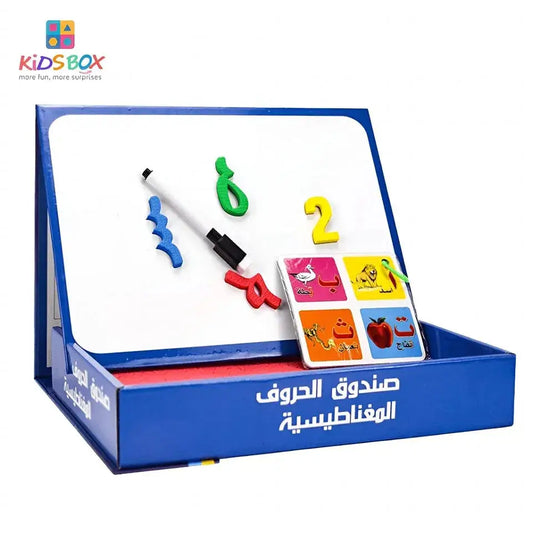 Blauw interactief magnetisch letter- en cijferbord met kleurrijke cijfermagneten en arabische alfabetkaarten
