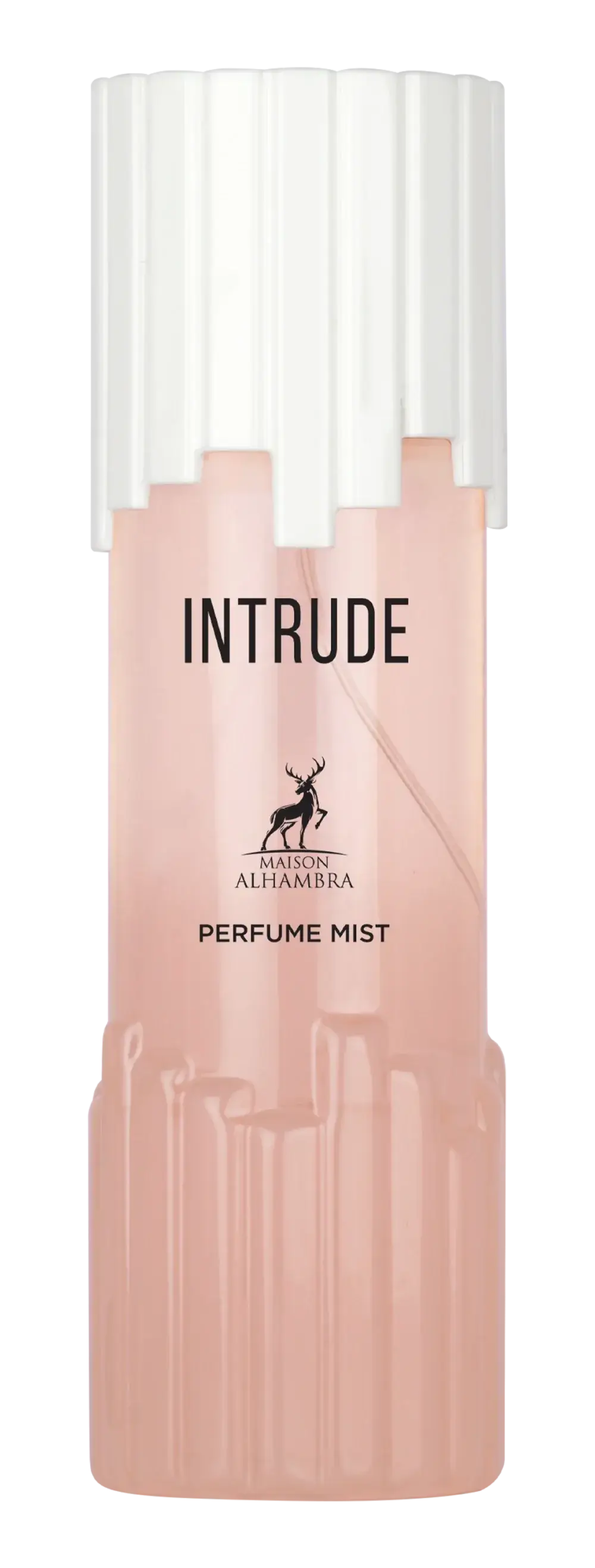 Een slanke transparante roze parfum mistfles met witte geribbelde dop en minimalistisch zwart etiket van maison alhambra intrude