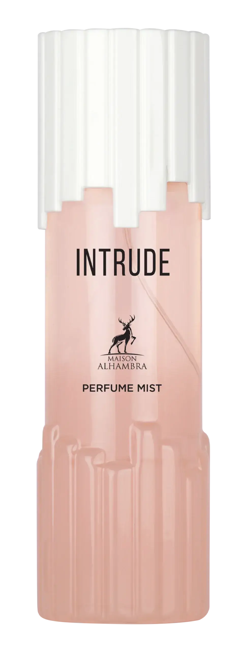 Een slank, doorschijnend perzikkleurig maison alhambra intrude body mist flesje met witte ribbelde dop
