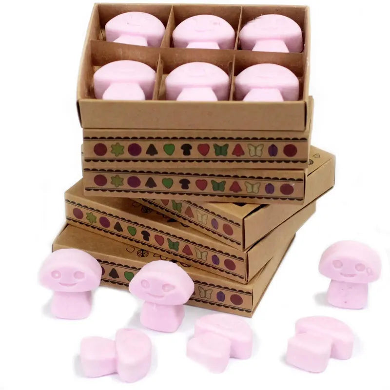 Roze paddenstoelvormige bruisballen in decoratieve dozen, geurige wax melts Ylang Ylang