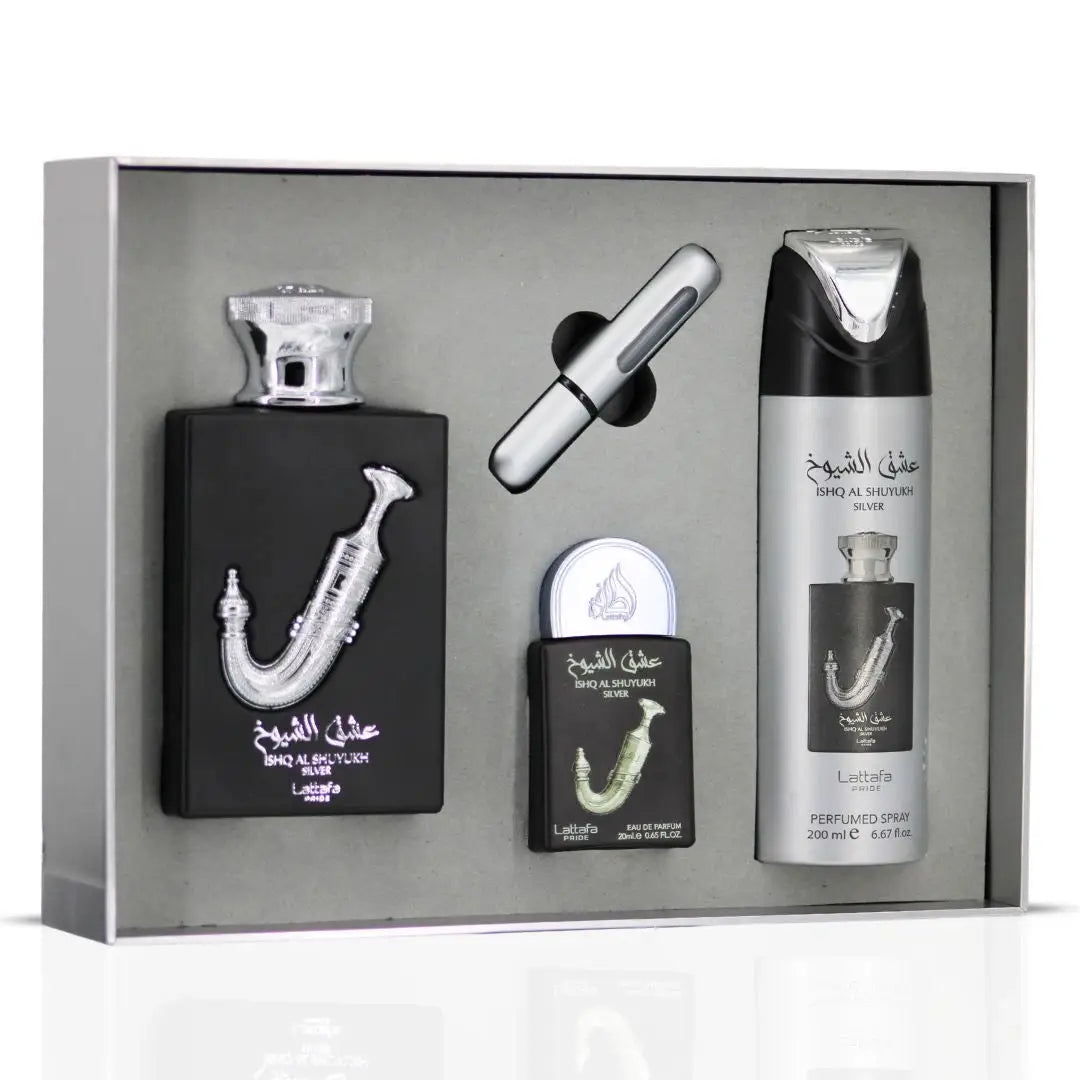 Zwarte rechthoekige parfumfles met zilveren saxofoon en arabische tekst uit ishq al shuyukh silver giftset