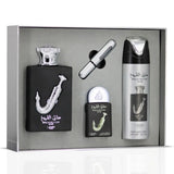 Zwarte rechthoekige parfumfles met zilveren saxofoon en arabische tekst uit ishq al shuyukh silver giftset