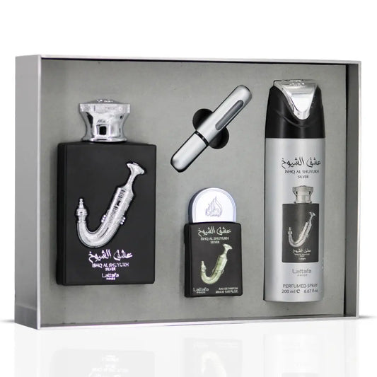 Zwarte rechthoekige parfumfles met zilveren saxofoon en arabische tekst uit ishq al shuyukh silver giftset