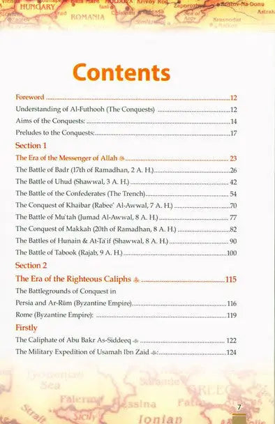 De inhoudsopgave pagina van het boek islamic conquests throughout the ages met oranje en zwarte tekst op een crèmewitte achtergrond