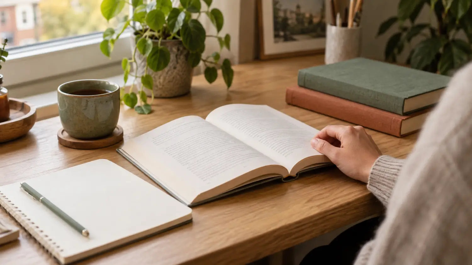 Open boek, notitieboek en kop thee op een houten bureau bij het raam.