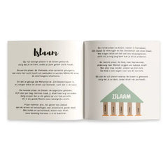 Openboek met tekst en illustratie van een moskee voor islamitische kindergedichtjes