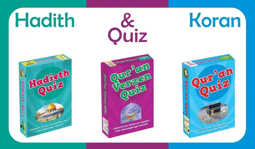 Drie kleurrijke islamitische quizkaarten dozen met levendige ontwerpen voor koraan en hadith trivia spellen