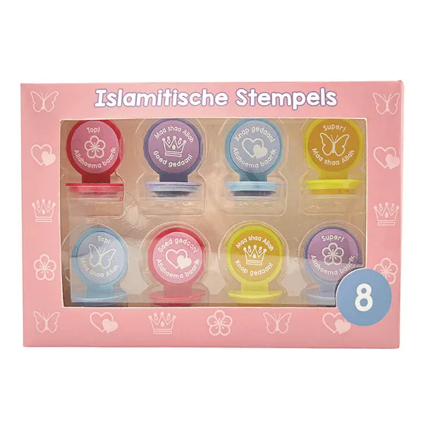 Set van 8 kleurrijke islamitische stempels - meisjes in een roze displaydoos