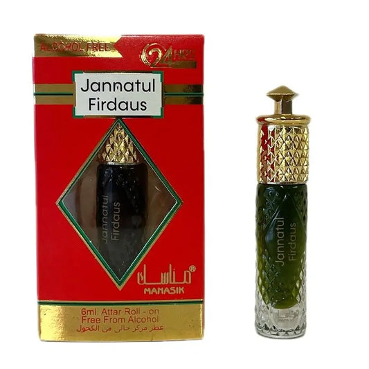 Een slanke 6ml glazen parfum roll-on fles jannatul firdaus met goudkleurige dop en donkere groene vloeistof