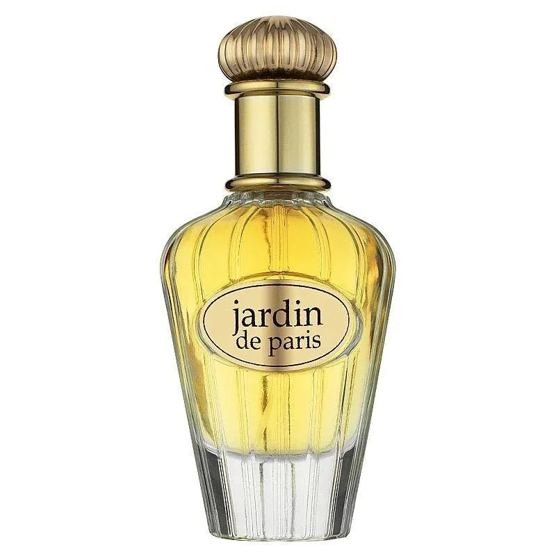 Glazen parfumfles met gouden dop en gele geur Jardin de Paris, bloemige parfum