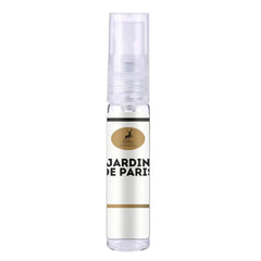 Witte parfumfles met Jardin de Paris tekst en gouden logo van bloemige parfum geurfamilie