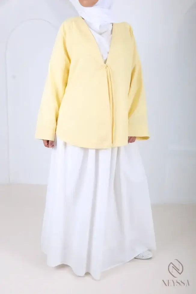 Pale gele lange mouwen jasje kimono stijl met v-hals en voorzijde sluiting