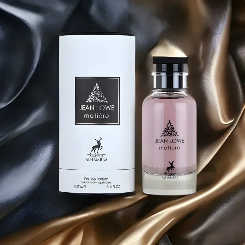 Roze parfumfles en witte verpakking met Jean Lowe branding, Jean Lowe Matiere al Hambra EDP