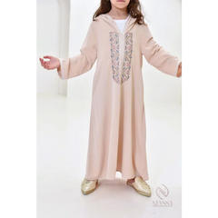 Lichte roze abaya met zilveren borduurwerk en capuchonontwerp Jellaba Yara