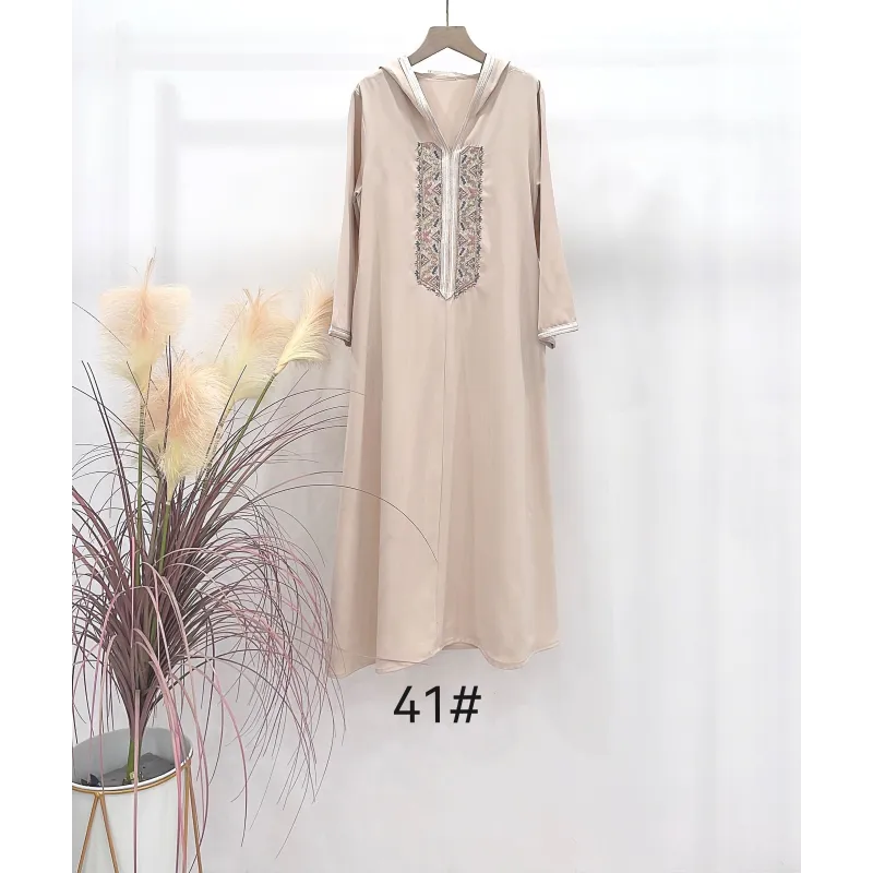 Beige geborduurde abaya met capuchon en mouwen Jellaba Yara