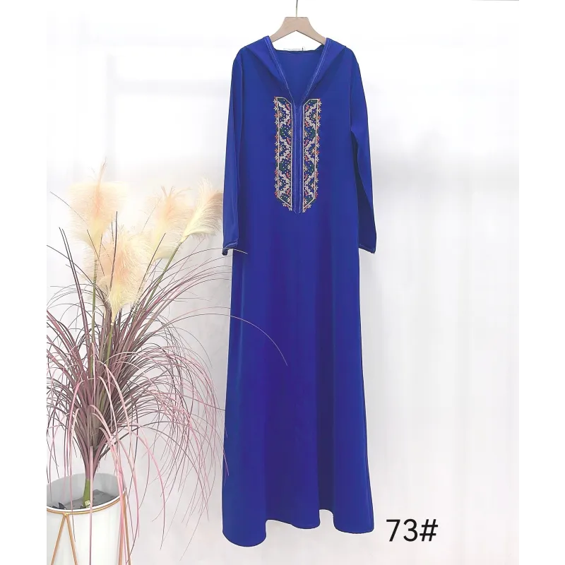 Koningsblauwe abaya met gouden borduurwerk, Jellaba Yara met capuchon