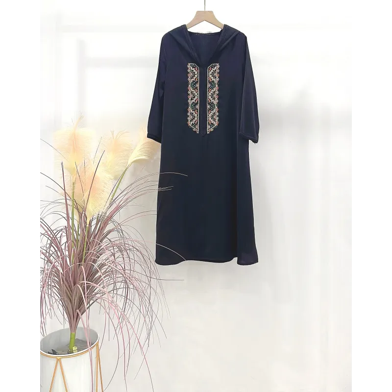 Marineblauwe abaya met gouden borduurwerk, hooded Jellaba Yara