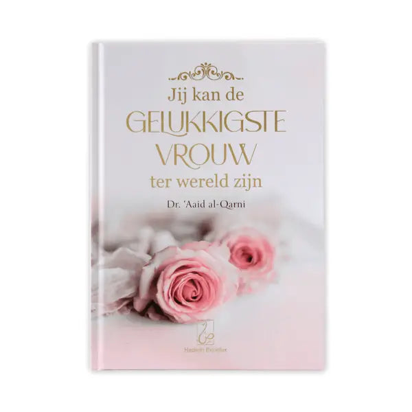 Een zachtroze hardcover boek jij kan de gelukkigste vrouw ter wereld zijn met goudfolie tekst en rozenontwerp