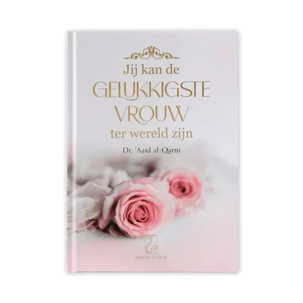 Een zachtroze hardcover boek jij kan de gelukkigste vrouw ter wereld zijn met goudfolie tekst en rozenontwerp