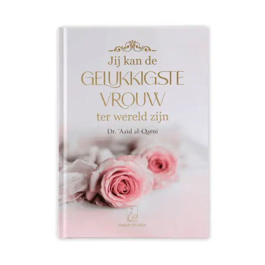 Een zachtroze hardcover boek jij kan de gelukkigste vrouw ter wereld zijn met goudfolie tekst en rozenontwerp