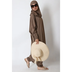 Beige strooien zonhoed met brede rand en lint voor jilbab burkini