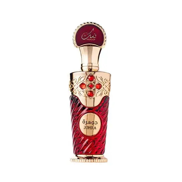 Elegante rode en gouden johra edp parfumfles 100 ml met ingegraveerde patronen en robijnrode edelstenen