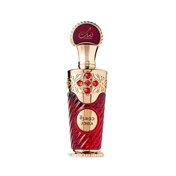 Elegante rode en gouden johra edp parfumfles 100 ml met ingegraveerde patronen en robijnrode edelstenen