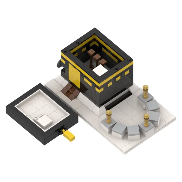 Zwarte en gouden Kaaba Lego-model met bruine basis voor islamitisch onderwijs jonge kinderen