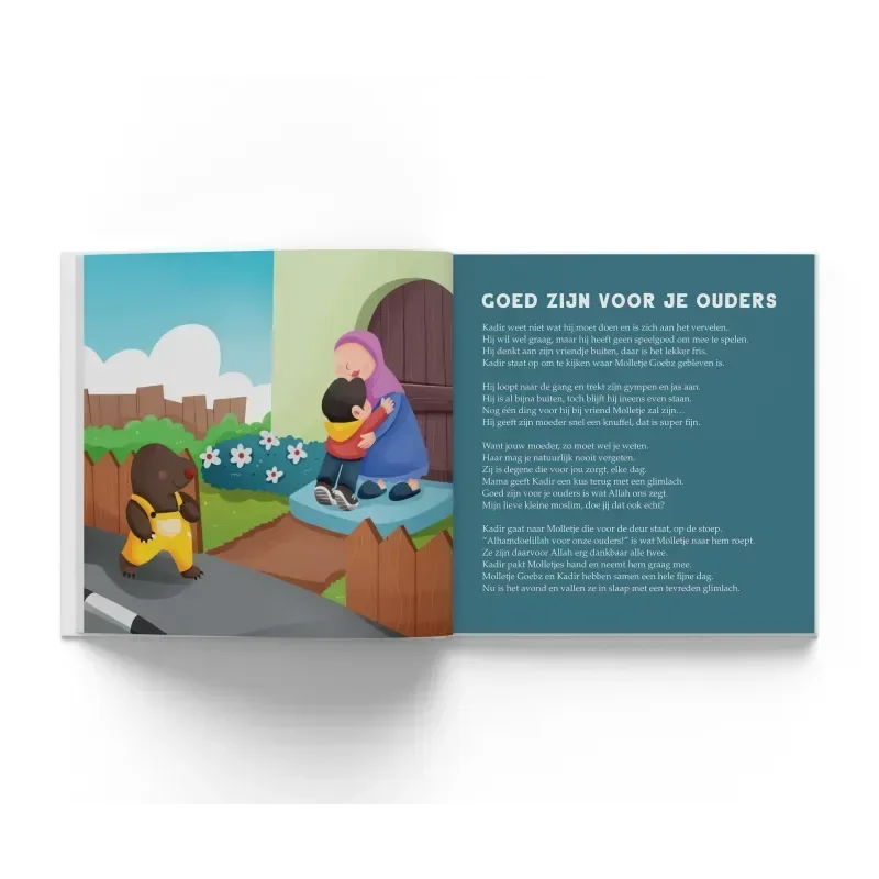 Open kinderboek kadir en molletje goebz met vrouw in paarse hoofddoek en kind op tuinpad met dierenillustraties