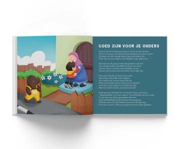 Open kinderboek kadir en molletje goebz met vrouw in paarse hoofddoek en kind op tuinpad met dierenillustraties