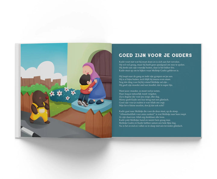 Open kinderboek kadir en molletje goebz met vrouw in paarse hoofddoek en kind op tuinpad met dierenillustraties