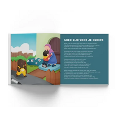 Open kinderboek kadir en molletje goebz met vrouw in paarse hoofddoek en kind op tuinpad met dierenillustraties