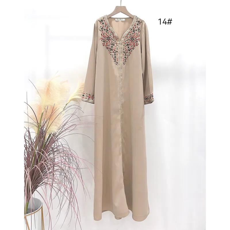 Beige geborduurde abaya met bloemmotieven en doorschijnende mouwen Kaftan Aliyah Binti