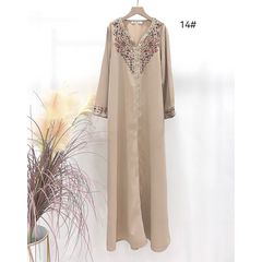 Beige geborduurde abaya met bloemmotieven en doorschijnende mouwen Kaftan Aliyah Binti