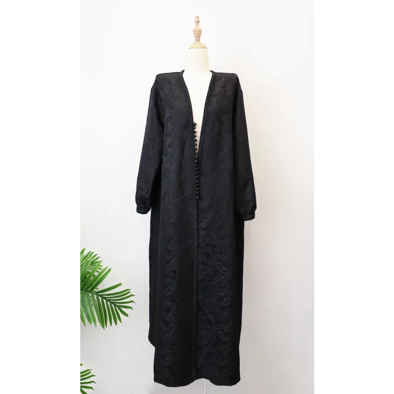 Zwarte kanten abaya met lange mouwen en rits, Kaftan kimono Royal