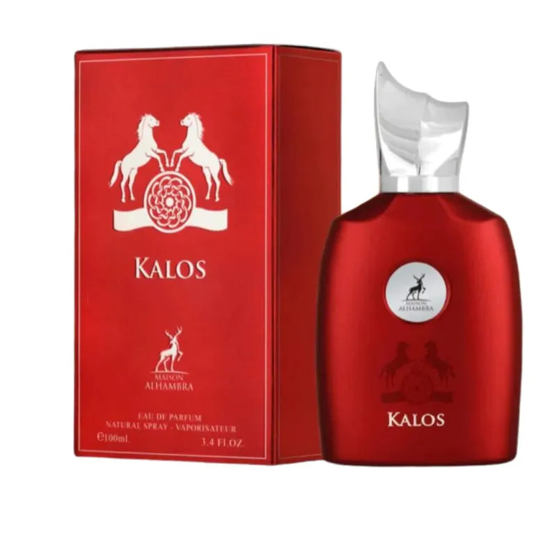 Al Hambra Parfum Kalos met rode fles en doos met zilveren dop